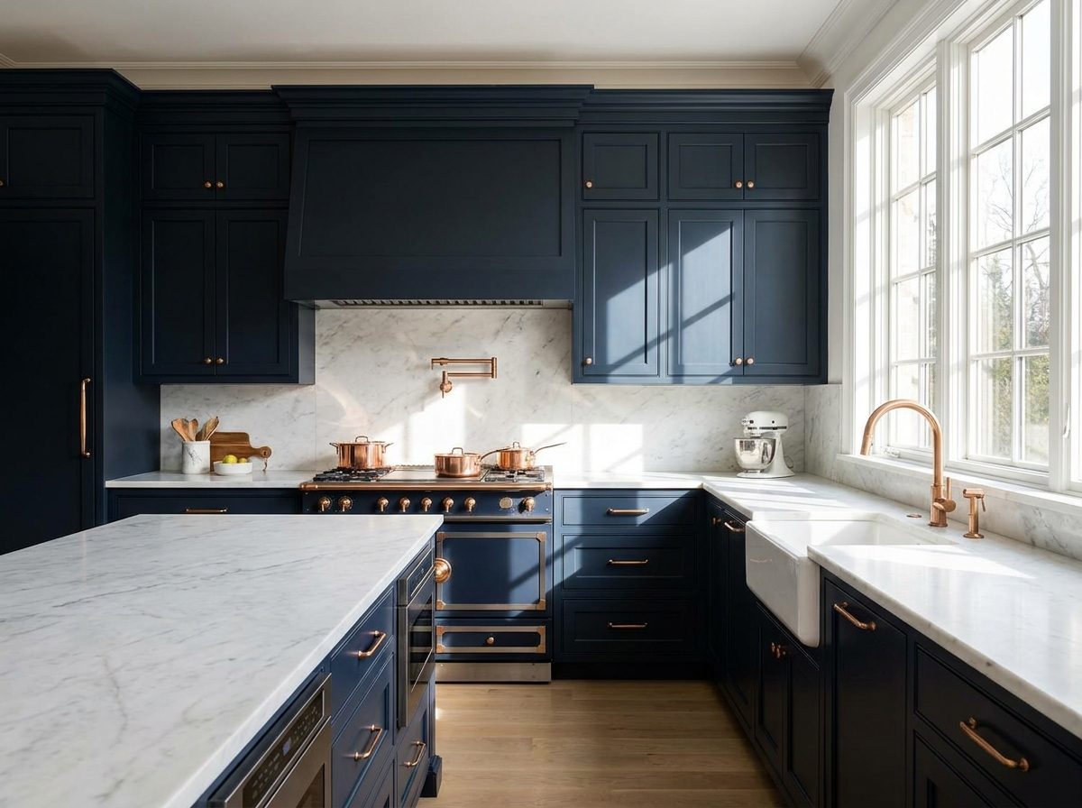 A newly remodeled kitchen with deep navy cabinetry and warm copper fixtures