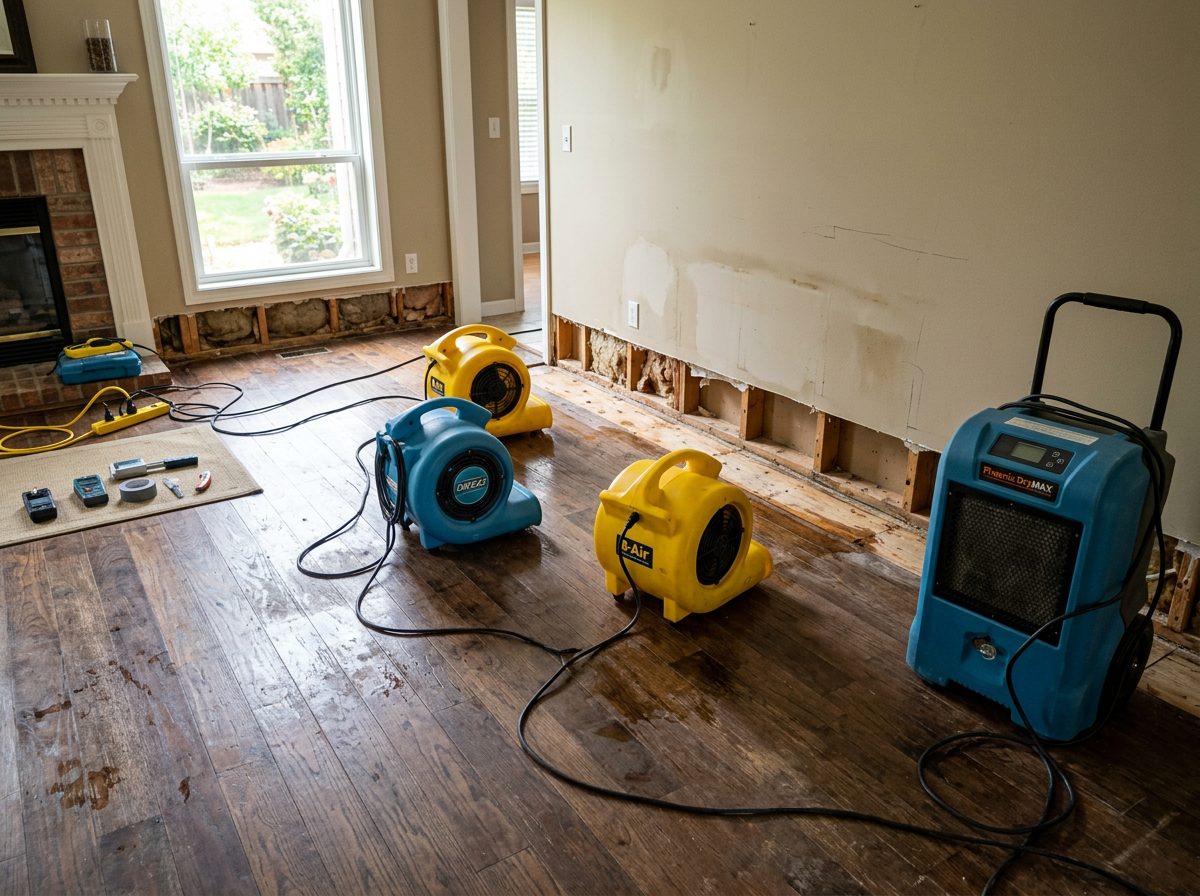 Air movers and a dehumidifier drying a water damaged room
