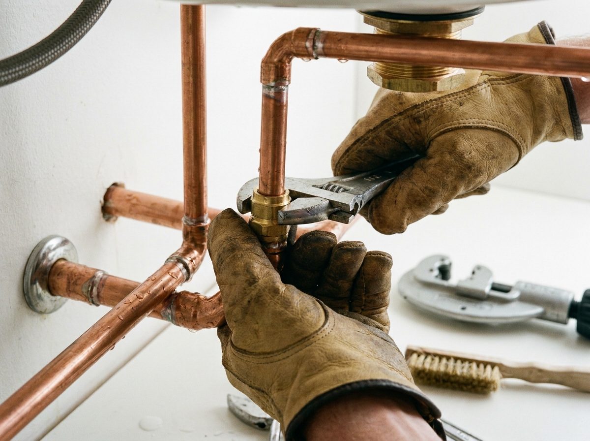 Plumber diagnosing pipes