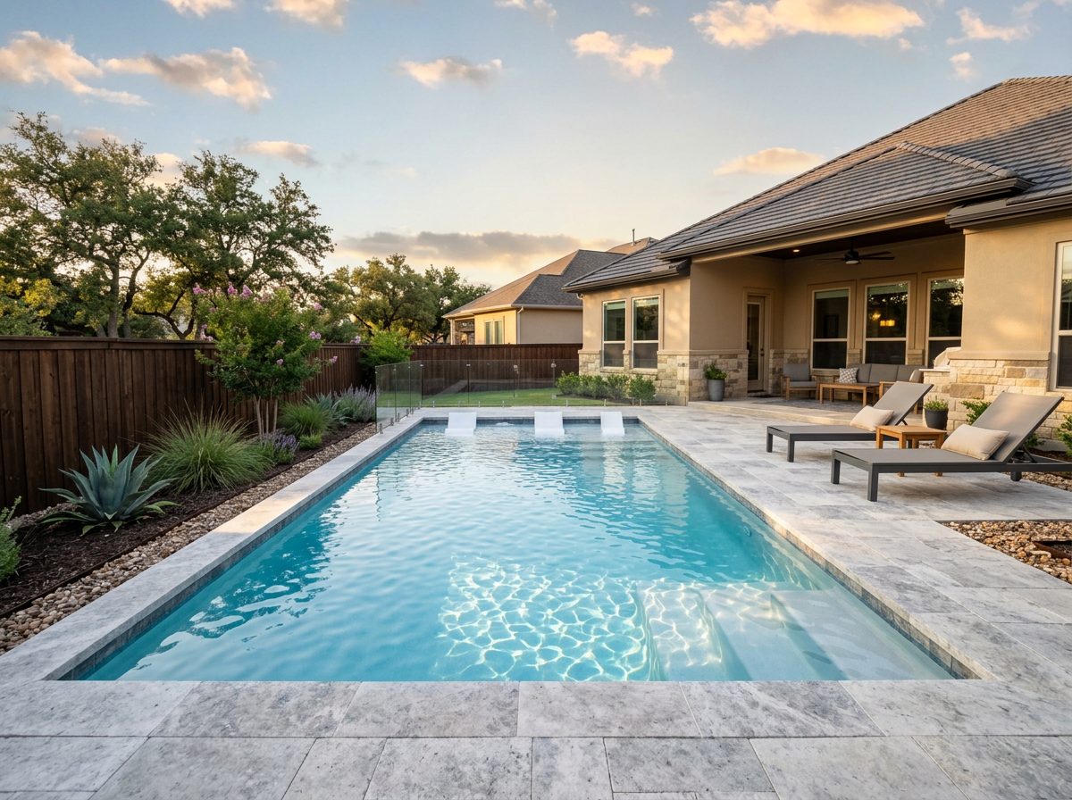 Finished backyard swimming pool at sunset