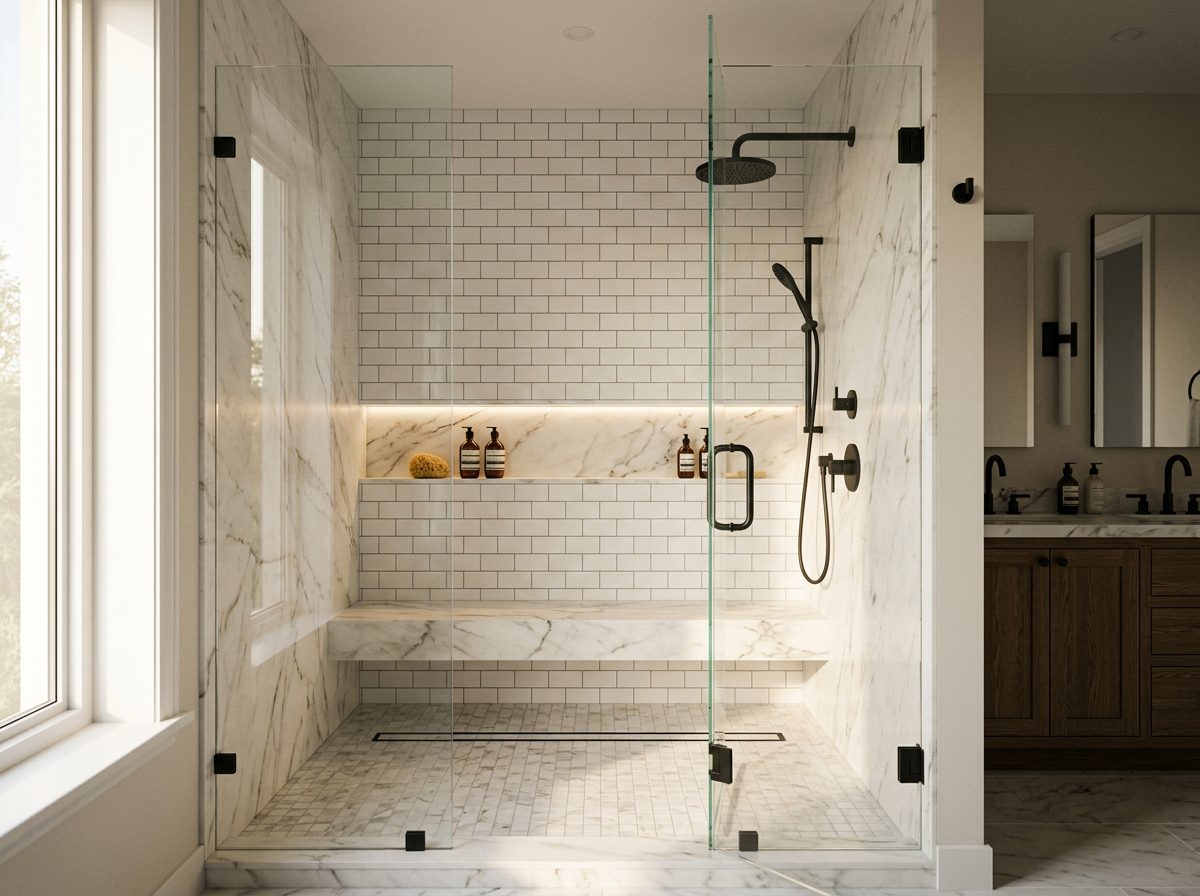 Custom tiled walk in shower with a bench and glass door